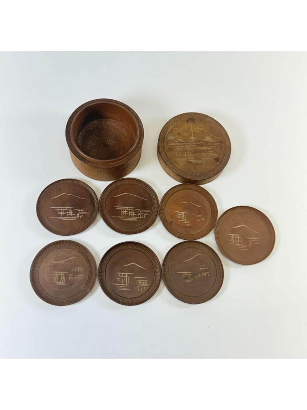 Vintage Japan Miyajima Satsuma Etched Wood Coasters Set Of 7 W/ Lidded Storage B